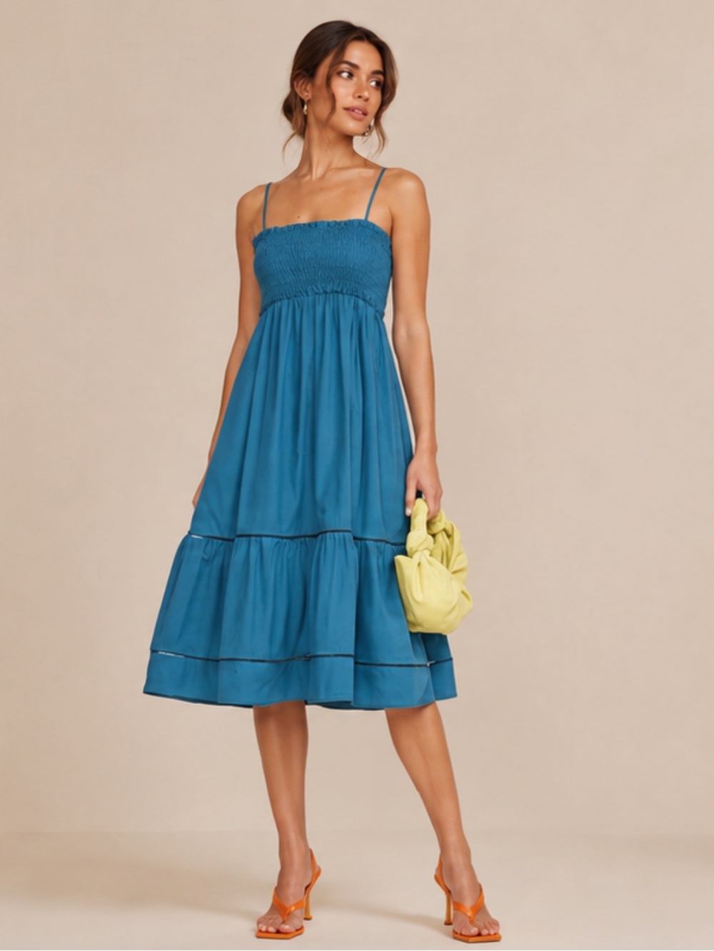 NWT OPT Cotton Leila Dress Ink Blue Teal Tiered Ruched Midi Strapless Size XS